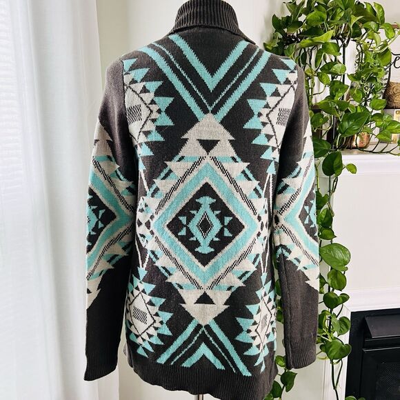 Eddie Bauer Turquoise Blue & Gray Aztec Southwestern Knitted Cardigan Sweater -M - Picture 7 of 9